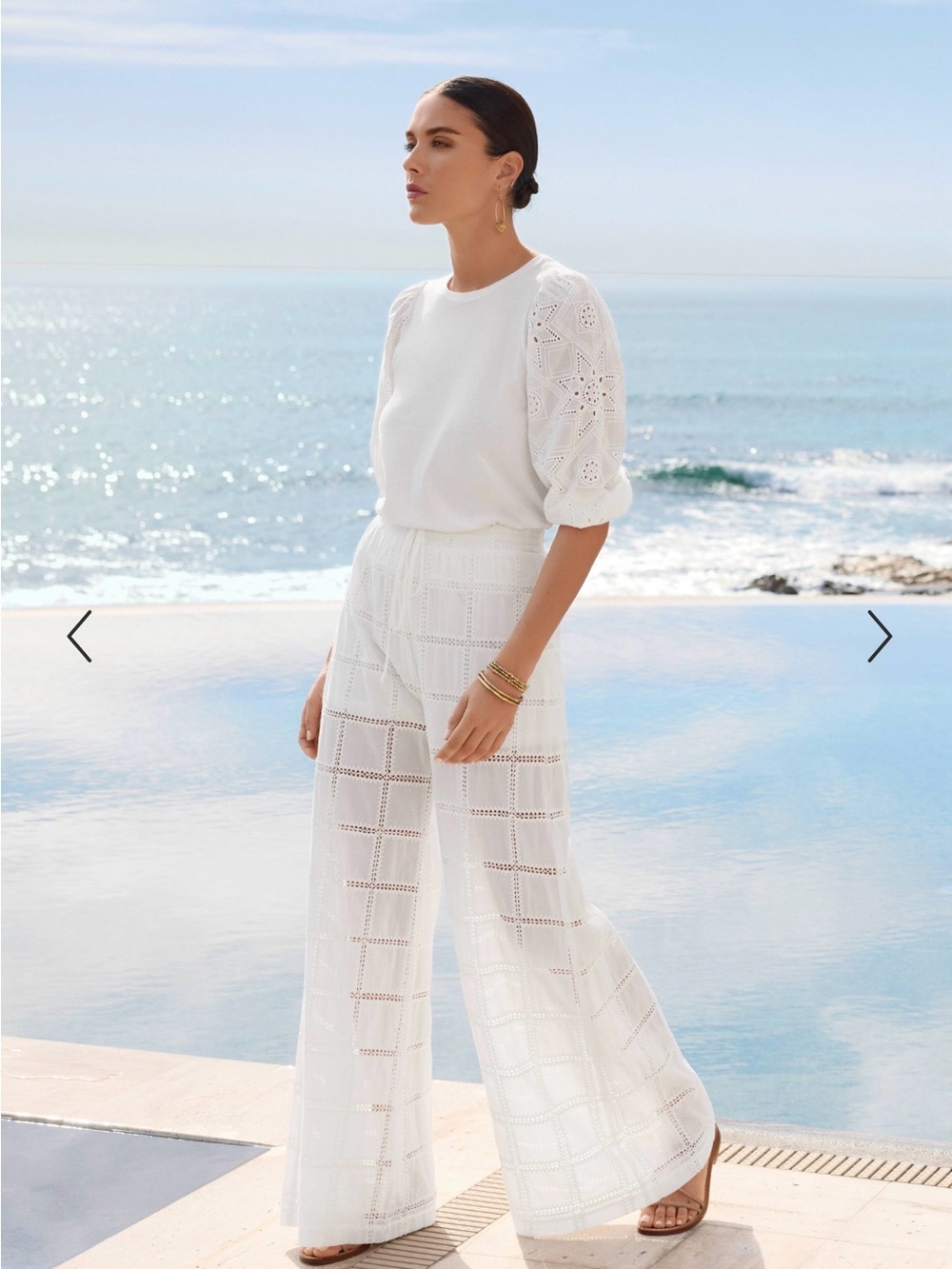 Johnny Was White Eyelet Wide-Leg Pants